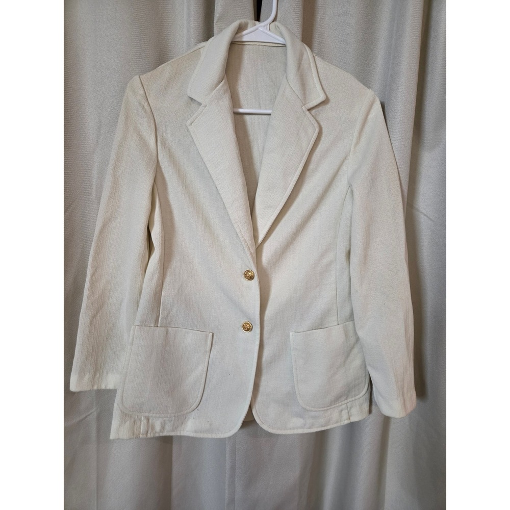 Vintage Cream Knit Blazer Gold Crest Buttons Textured Classic Midcentury Mod